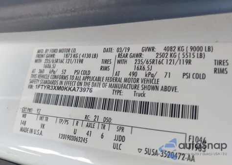 2019 Ford Transit-250 from USA, damaged, VIN 1FTYR3XM0KKA73976